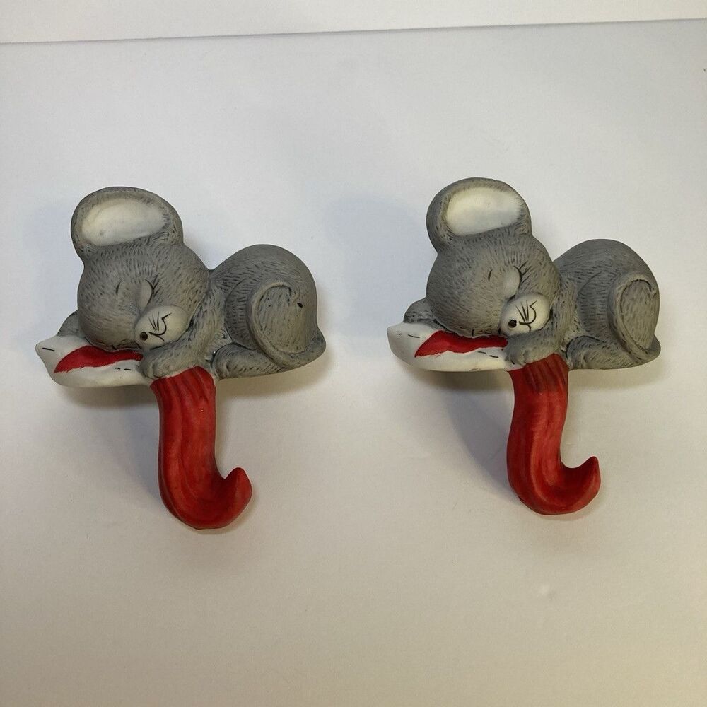 Vintage 1987 House of Lloyd Mouse Ceramic Christmas Stocking Hangers Set of 2
